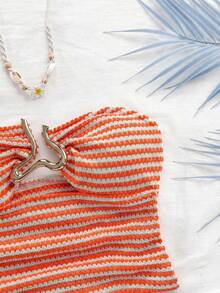 Soleia 女士度假白色针织纹理露脐抹胸上衣，镂空心形金属扣装饰，修身剪裁，适合派对、约会、下午茶、海滩、音乐节、嘉年华等场合。 - 橘色 - 查看 7