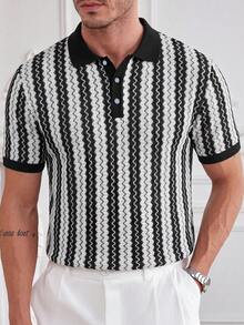 Core Aspect Camisa polo casual y versátil con estilo de resort y rayas para hombres - Negro - Ver 2