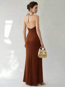 Uhlyne Uhlyne Đầm công sở, đi nghỉ mát, đi làm, dự tiệc lãng mạn, sinh nhật, hòa nhạc, ngày Valentine, lễ hội dành cho nữ - Đầm đuôi cá phối màu tương phản, dây chéo eo, đầm phối màu tương phản, đầm trắng nâu phối màu tương phản, đầm cổ áo phối màu tương phản, đầm hở lưng, đầm dây thắt nơ, đầm thanh lịch dành cho nữ, đầm satin, chân váy đuôi cá, đầm cổ áo dây thắt nơ. - màu nâu - Xem 5