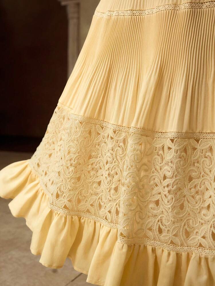 PLUS SIZE WOMEN'S SPRING/SUMMER WOOL & TENCEL BLEND CONTRAST LACE PLEATED MID-LENGTH SKIRT