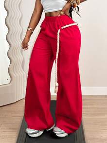 BamGleam Women's Red Elastic Waist Wide-Leg Casual Loose Pants, Ideal For Autumn Vacation Wear City Break - Red - View 5