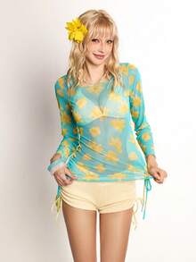 ROMWE Avant 26SS Spring/Summer Sexy Tropical Bikini Triangle Cup Briefs With Floral Cover-Up 3 PiecesSwimwear Set Vacation Turquoise Yellow - Multicolor - View 12