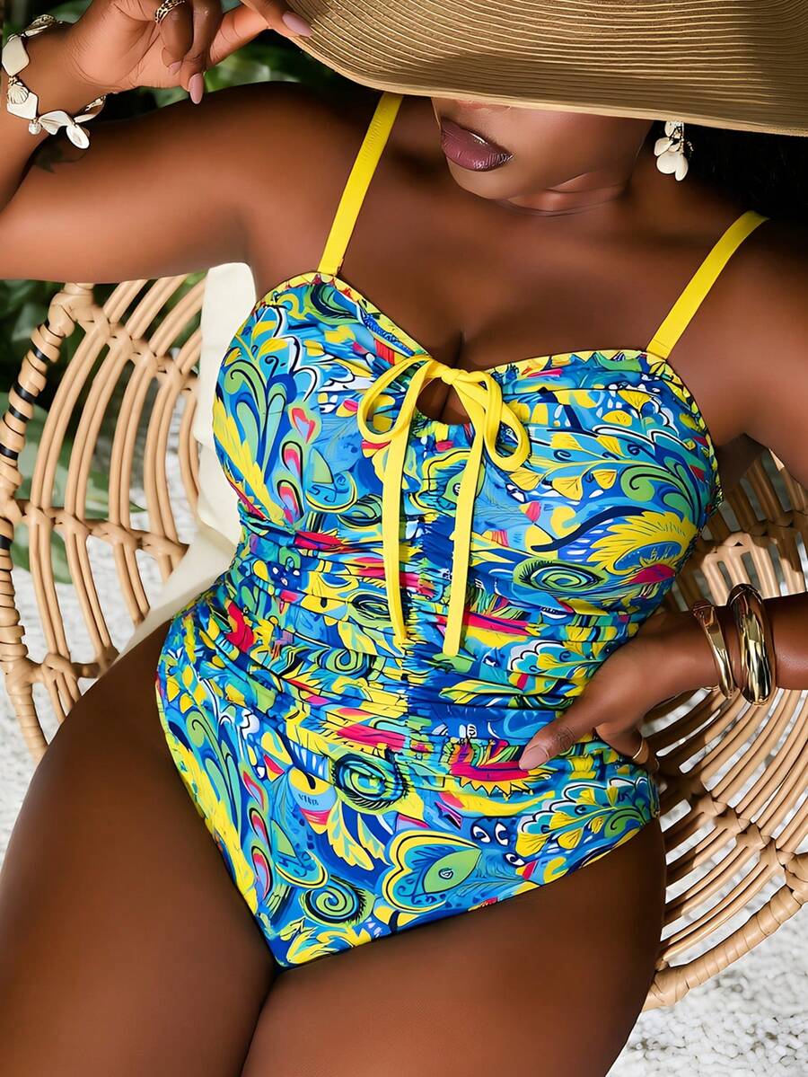 Slaydiva Traje de baño de una pieza con estampado multicolor, cuello con cordón y patrón de zigzag en contraste para mujer talla grande, atuendo de playa y vacaciones - Multicolor - Ver 1