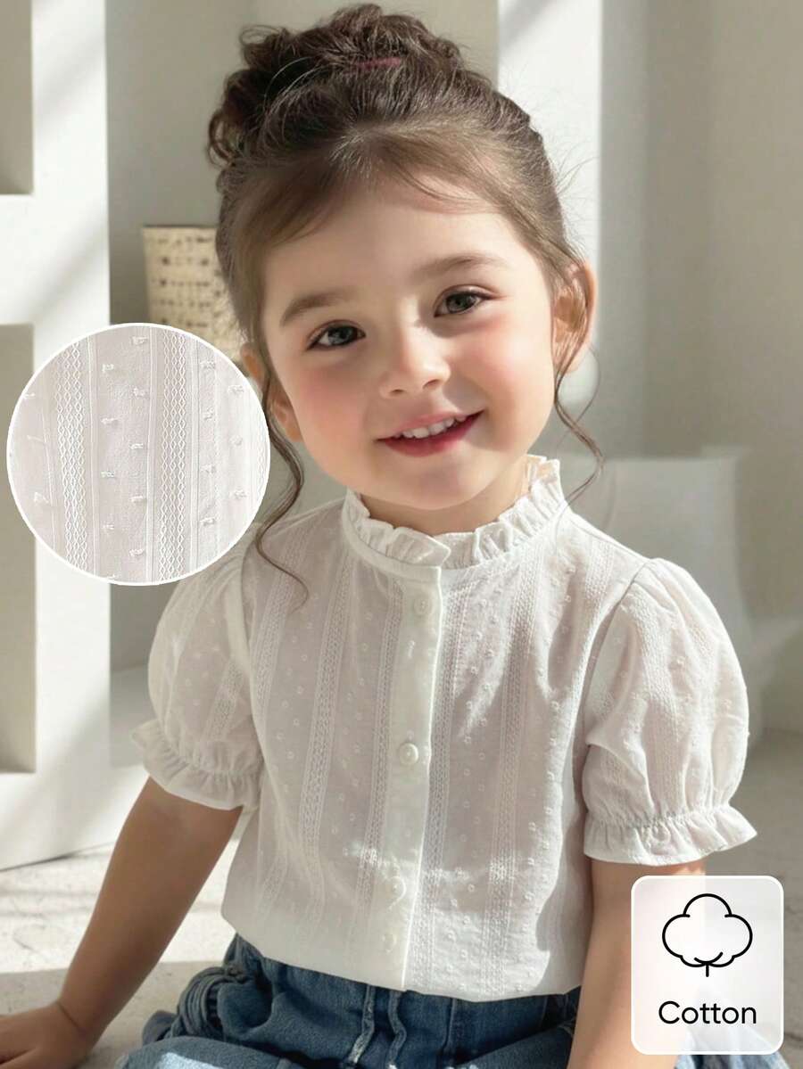 SHEIN Vintaside Kids 2026春夏新款柔软舒适面料,时尚新潮,SS26度假旅行必备,女童白色休闲纹理短袖衬衫,适合外出、休闲和派对穿着。 - 白色 - 查看 1