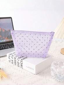 1PC Heart Print Mesh Makeup Bag - Boho Purple Toiletry Cosmetic Purse With Zipper Portable Organizer For Home Office Travel Christmas Gift - Purple - View 3