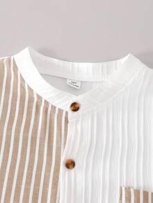 SHEIN 2pcs/Set Tween BoyCasual Striped Texture Shirt & Shorts Set, Comfortable Fashionable Outfit - Khaki - View 4