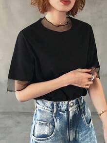 FRIFUL Kaos Wanita Kasual Longgar Berbahan Jala Transparan Warna Polos, Serbaguna untuk Musim Semi dan Musim Panas - Hitam - View 7