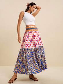 LOTSLUV Women's Blue And Pink Floral Print A-Line Skirt Suitable For Spring Summer Holiday Midi Elegant Boho Pockets Beach Picnic Festival Skirt - Multicolor - View 5