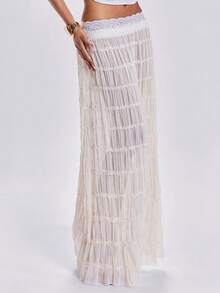 ROMWE Chân váy cạp trễ bằng vải chiffon mỏng nhẹ kiểu Y2K, thích hợp cho đi biển, kỳ nghỉ trên đảo, lễ hội âm nhạc, tiệc tùng, hẹn hò Valentine và mặc hàng ngày. - Màu be - Xem 7
