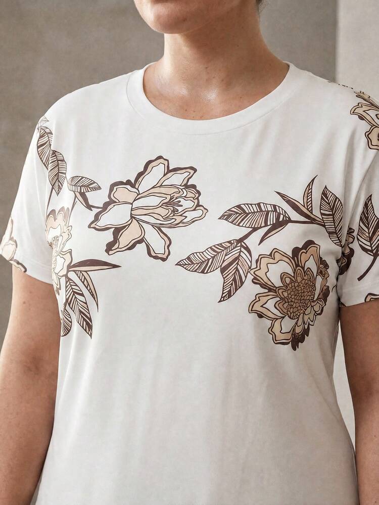 PLUS SIZE WOMEN'S FLORAL PRINT BATWING SLEEVE LOOSE T-SHIRT, SUMMER