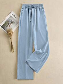 SHEIN PariChic Women's Casual Linen-Like Texture Straight Leg Pants, Spring/Summer - Baby Blue - View 3