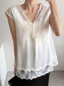 FRIFUL Women's Lace Trim Neckline Loose Linen Vacation Tank Top Summer - Black - View 3