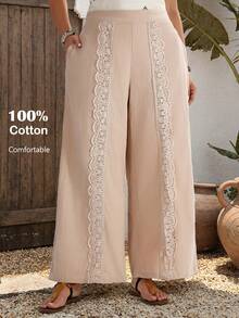 EMERY ROSE Women's Plus Size Summer Boho Vacation Holiday Beige Lace Patchwork Wide Leg Pants With Pockets, Casual Country Concert Beach Outfits - Khaki - View 4