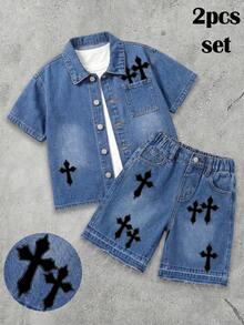 Bộ 2 món áo sơ mi và quần short denim đen họa tiết chữ thập cho bé trai - Rửa trung bình - Xem 4
