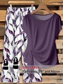 SHEIN Tall CURVE 大码女式纯色圆领短袖上衣和印花阔腿裤休闲两件套 - 紫色 - 查看 3
