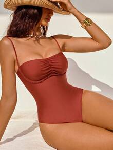 Shapewave Women's Solid Color Ruched One-Piece Swimsuit For Vacation - Brown - View 6