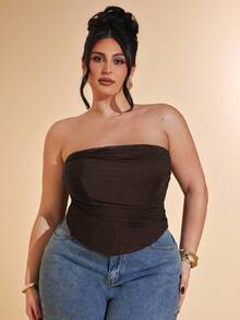 SHEIN BAE Camiseta sin mangas de uso diario versátil y casual con pliegues en unicolor para mujer de talla grande - Marrón - Ver 7