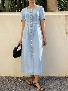 DAZY Women's Square Neck Waist Cinched X-Shaped Short Sleeve Mid-Length Button Down Denim Dress, Spring & Summer Sun Dresses For Women - Blue - View 5