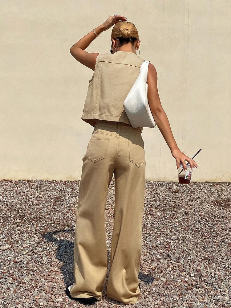 Women's Single-Breasted Vest And Wide-Leg Jeans Casual Suit