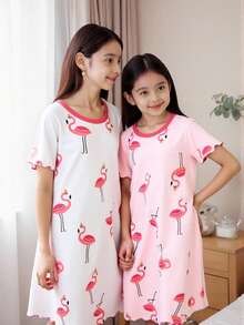 2件組青少年女孩睡衣套裝，火烈鳥印花粉色與白色夏季可愛睡裙，輕盈柔軟彈性透氣針織睡裙 - 彩色 - 查看 6