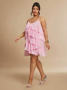 Gossip Girl X SHEIN SHEIN BAE CURVE 大码女式纯色荷叶边下摆优雅吊带连衣裙 - 彩色 - 查看 6