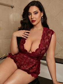 SHEIN 大码蕾丝深V领性感连体衣 - 酒紅色 - 查看 4