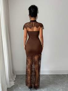 SHEIN Elenzya Women's Contrast Lace Stand Collar Fitted Elegant Dress - Brown - View 3