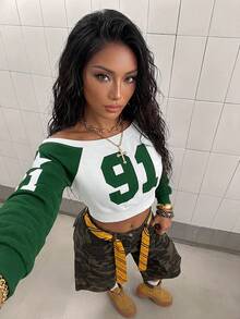SHEIN Unity Contrast Color Collegiate Style Green Asymmetrical Neck Long Sleeve Sweatshirt, Graduation,Teacher,Back To School Pullover Fall - Dark Green - View 3