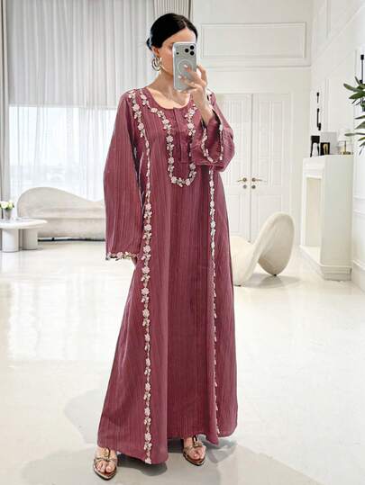 Yasmyna Women's Elegant Arabic Style Long Sleeve Dress With Decorative Appliques