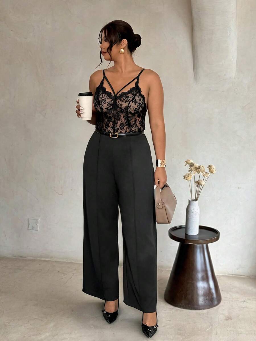 Firerie Mono de pierna ancha con encaje de contraste para mujer de talla grande - Negro - Ver 1