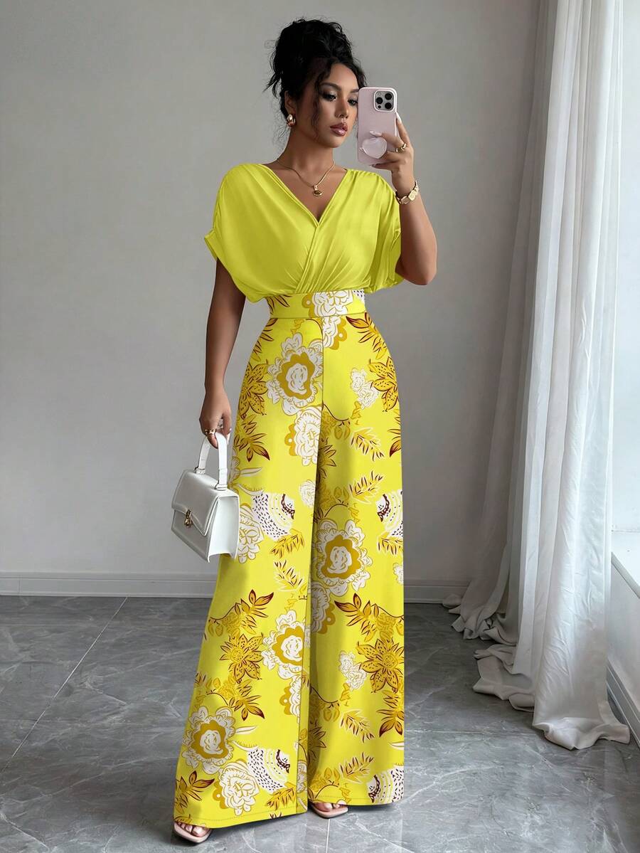 Elenzga Bộ jumpsuit dài in họa tiết, cổ chữ V, dáng rộng, xếp ly, eo, dành cho nữ. - Màu vàng ngỗng - Xem 1