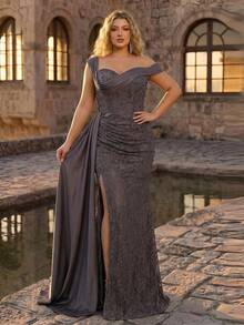 Glamrae Plus Size Elegant,Luxurious Satin Ruched Lace Patchwork Mermaid Slit Off-Shoulder Dress For Weddings,Prom,Parties,Banquets,Dark Green,Winter,Formal - Coffee Brown - View 7