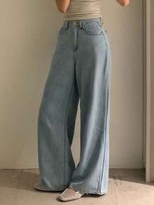 Dazy Tall Jeans de pierna recta y suelta para mujer, estilo casual de ciudad - Azul lavado medio - Ver 2