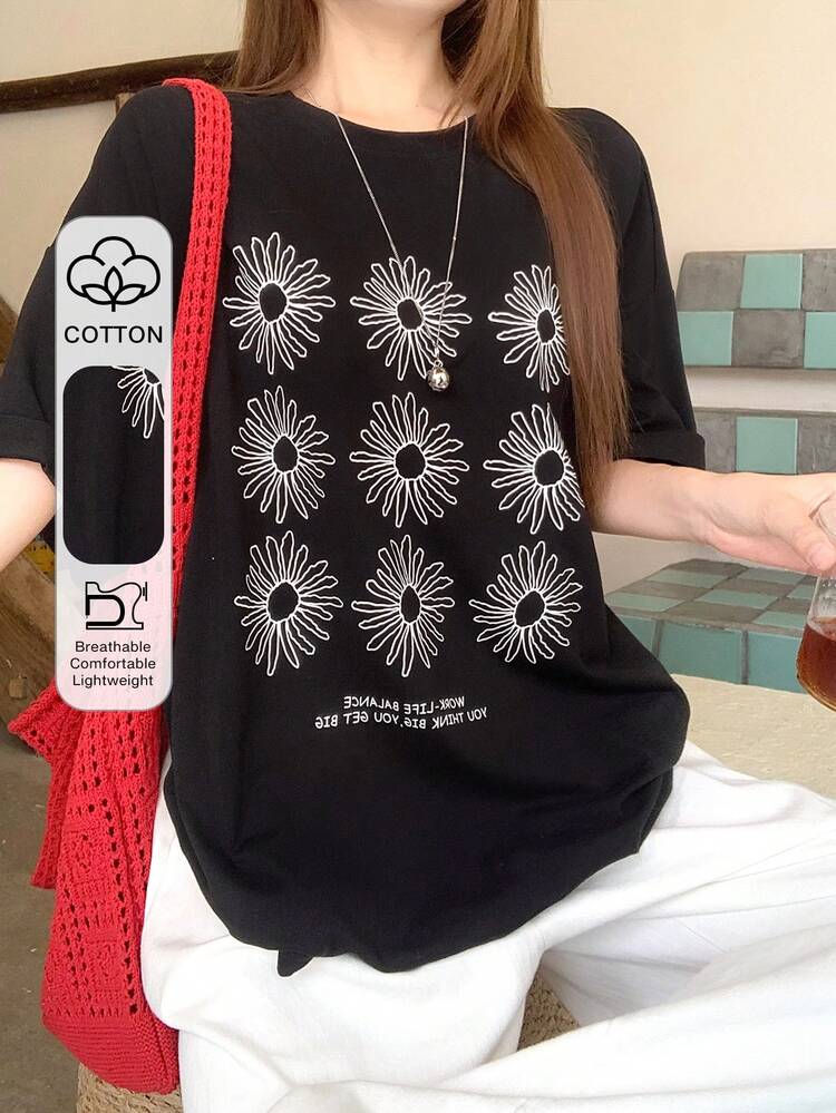 Women's Summer Round Neck Printed Loose Casual Short Sleeve Pullover T-Shirt