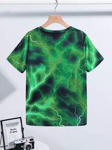 SHEIN 儿童/青少年男童休闲时尚酷炫经典卡通足球闪电图案荧光印花短袖圆领T恤，适合夏季穿着 - 綠色 - 查看 3