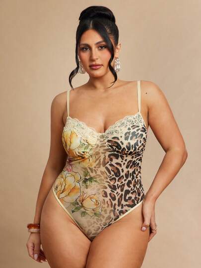SHEIN BAE Áo liền thân ren phối họa tiết da báo dành cho nữ cỡ lớn
