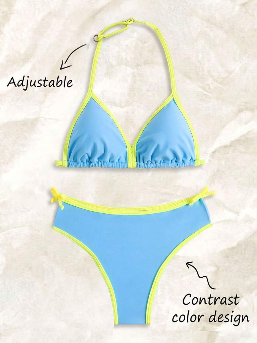 SHEIN Tween Girl Summer Beach Vacation Contrast Color Halter Bikini Set - Baby Blue - View 1