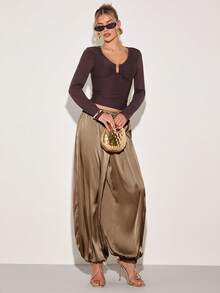 COSMINA Women's Satin Casual Tie-Up Pants, Versatile - Camel - View 6