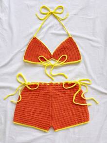 Soleia Spring/Summer Fashion Versatile Halter Neck Knit Top And Casual Knit Shorts Set - Multicolor - View 2