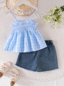 SHEIN Elladie kids 两件套女童休闲通勤甜美蝴蝶结吊带背心，蓝白拼接花卉装饰，搭配牛仔短裤，春夏乡村风儿童夏季套装 - 藍色 - 查看 2
