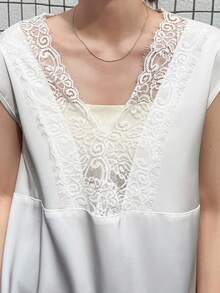 FRIFUL Women's Lace Trim Neckline Loose Linen Vacation Tank Top Summer - Black - View 7