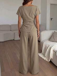 Modelyn Slip Strap Off Shoulder Ruched Waist Casual Trouser Suit Soft Breathable Textured Linen Blend Fabric Minimalist Old Money Casual Chic - Khaki - View 2
