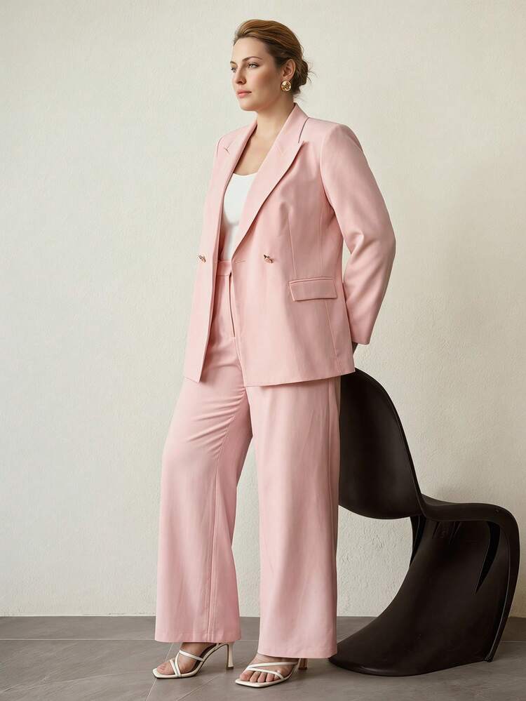 PLUS SIZE SOLID PEAK COLLAR BLAZER & WIDE LEG SUIT PANTS SET