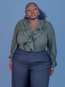 CurvyTilda Plus Size Women's Simple Solid Color Ruffled Casual Vacation Loose Shirt, Spring/Autumn, Fall Clothes For Women, For Hourglass Body Shape - Army Green - View 4