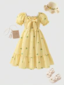 Elladie kids Süßes Kleid mit Blumenprint, Rüschenkragen und Puffärmeln für Mädchen, elastischer Bund, geeignet für Schule, Spielplatz, Familientreffen, Geburtstagsfeiern, Kurztrips, Strandurlaub - Gelb - Übersicht 3