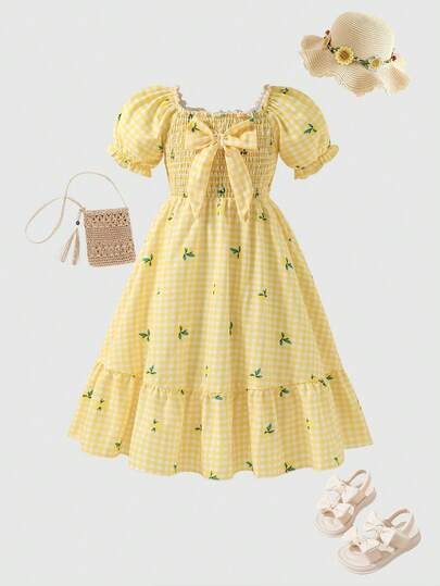 Elladie kids 甜美碎花荷叶边领连衣裙，可爱泡泡袖设计，松紧腰身，适合上学、游乐场、家庭聚会、生日派对、短途旅行、海滩度假等场合。
