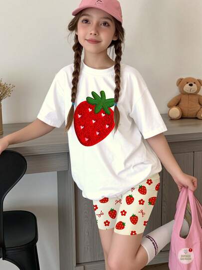 Conjunto de 2 piezas de camiseta de manga corta y pantalones cortos con estampado de fresa y flor, informal y lindo, adecuado para niñas preadolescentes en verano