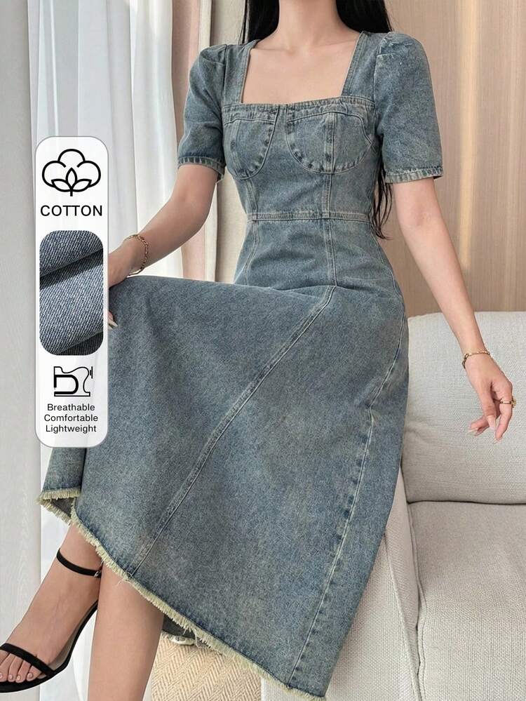 Women's Square Neck Waist Gathered A-Line Washed Denim Casual Dress, Suitable For Spring And Summer Sun Dresses For Women