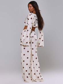 MUSERA Quần chấm bi ống rộng, kẻ sọc, chất liệu giả vải lanh, quần linen đi nghỉ mát, mùa xuân hè, đi biển, thanh lịch, thường ngày, hẹn hò. - Màu be - Xem 4