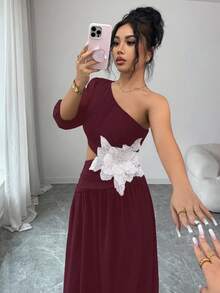 Selianne 女士不对称领口镂空碎花连衣裙 - 酒紅色 - 查看 4